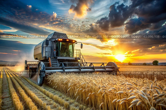 Agricultural machinery. Agricultural industry. The combine harvester removes golden ears of ripe wheat against the background of a ripening field. The concept of planting and harvesting a rich harvest. Rural landscape at sunset. Стоковое AI-изображение, AI-художник Photojuli / Фотобанк Лори