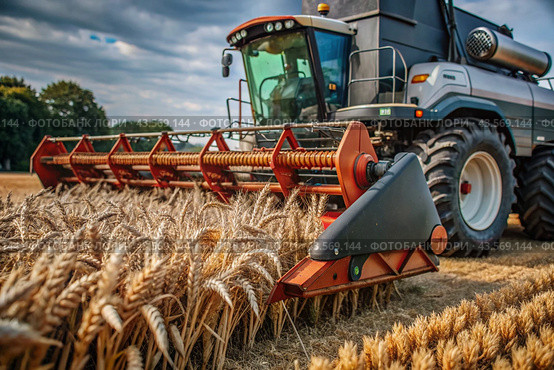 Agricultural machinery. Agricultural industry. The combine harvester removes golden ears of ripe wheat against the background of a ripening field. The concept of planting and harvesting a rich harvest. Rural landscape at sunset. Стоковое AI-изображение, AI-художник Photojuli / Фотобанк Лори