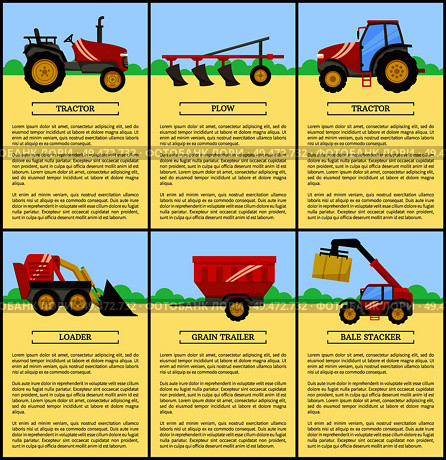 Agricultural machinery set cartoon vector banner. Big with cabin and small compact tractors, plow and grain trailer, loader and bale stacker icons. Agricultural Machinery Set, Cartoon Vector Banner. Стоковая иллюстрация, агентство Ingram Publishing / Фотобанк Лори
