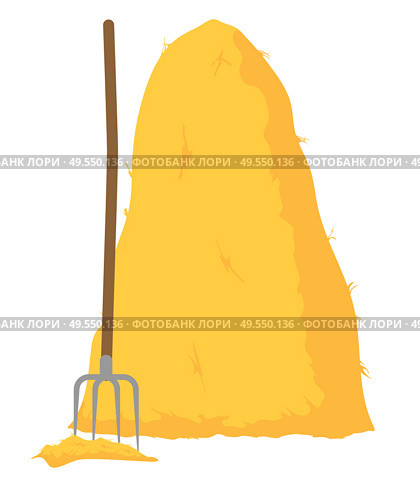 Agriculture hayfork and hayrick isolated icon closeup vector. Pitchfork by haystack with dried grass and wheat. Haymow straw, rural area farmland. Agriculture Hayfork Hayrick Vector Illustration. Стоковая иллюстрация, агентство Ingram Publishing / Фотобанк Лори