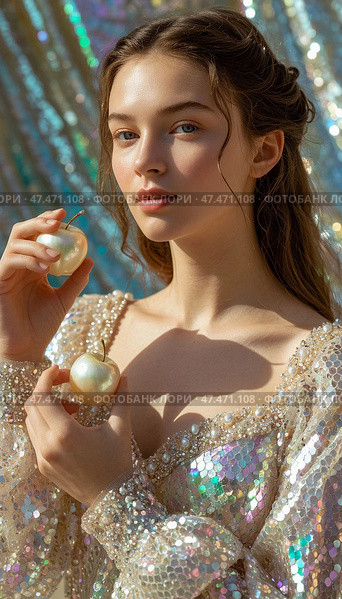 Ai, a beautiful girl in a sparkling pearl dress holding apples in her hands. Стоковое AI-изображение, AI-художник Анастасия Пальчикова / Фотобанк Лори
