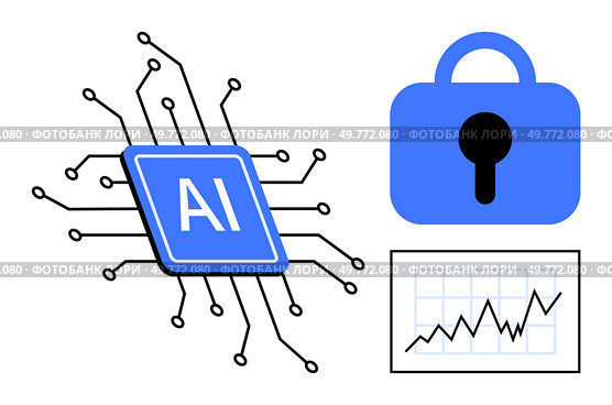 AI chip with circuitry, a blue padlock symbolizing security, and a growth chart. Ideal for technology, cybersecurity, AI, data security, and innovation. Simple, minimalist, vector style. Artificial Intelligence and Cybersecurity with Growth Data. Стоковая иллюстрация, агентство Ingram Publishing / Фотобанк Лори