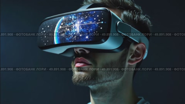AI Generative person in virtual reality glasses on futuristic scientific background of the future. Стоковое AI-видео, аниматор Spirit River / Фотобанк Лори