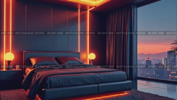 AI Generative Retrofuturism interior of the building, free space bedroom. Стоковое AI-видео, аниматор Spirit River / Фотобанк Лори