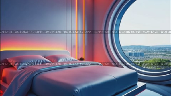 AI Generative Retrofuturism interior of the building, free space bedroom. Стоковое AI-видео, аниматор Spirit River / Фотобанк Лори