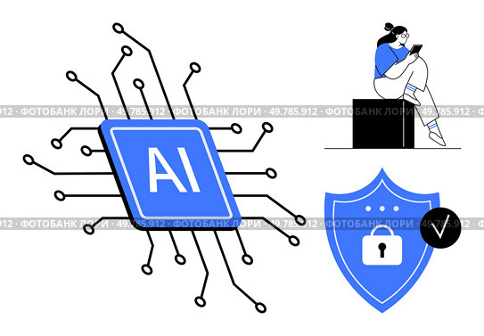AI microchip with circuits, security shield with padlock and checkmark, person using smartphone. Ideal for technology, cybersecurity, data privacy, AI, personal tech safety innovation. Line. Artificial Intelligence Microchip, Secure Data Shield, and Person Using Smartphone Concept Illustration. Стоковая иллюстрация, агентство Ingram Publishing / Фотобанк Лори