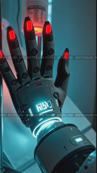 AI robotic arm with colorful sensors on it and blood transfusion station background. Стоковое AI-видео, аниматор Sergey Grishin / Фотобанк Лори