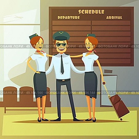 Airlines Cartoon Illustration . Airlines cartoon background with pilot and stewardess in airport hall vector illustration. Стоковая иллюстрация, агентство Ingram Publishing / Фотобанк Лори