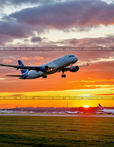 Airplane against the backdrop of the setting sun. Night flight. Стоковое AI-изображение, AI-художник Сергей Елизарьев / Фотобанк Лори