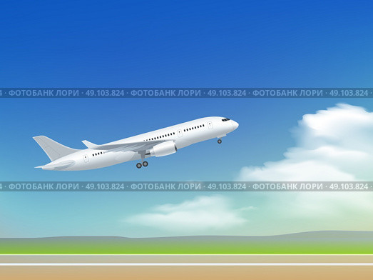 Airplane Takeoff Poster. White plane off the ground take off poster on the background of clouds and sky runway vector illustration. Стоковая иллюстрация, агентство Ingram Publishing / Фотобанк Лори