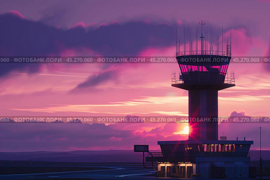 Airport control tower standing on airfield at sunset. Стоковое AI-изображение, AI-художник Иван Рябоконь / Фотобанк Лори