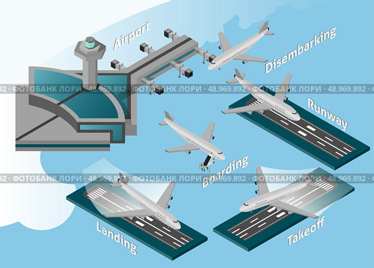 Airport decorative icons isometric disembarking runway boarding landing takeoff symbols set vector illustration. Стоковая иллюстрация, агентство Ingram Publishing / Фотобанк Лори
