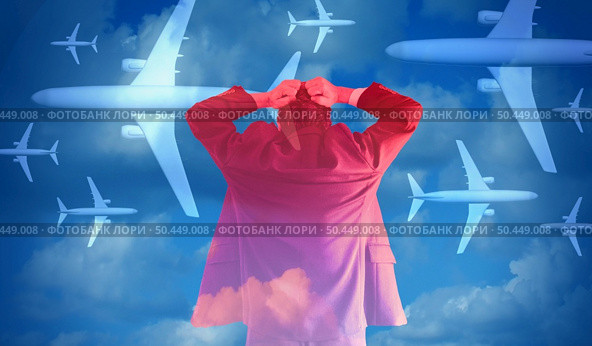 AirTravel industry crisis and flight delays or trip cancelation at the airport as an avation business traveler or tourist headache problem for airline and tourism with 3D illustration elements. Стоковое фото, агентство Ingram Publishing / Фотобанк Лори