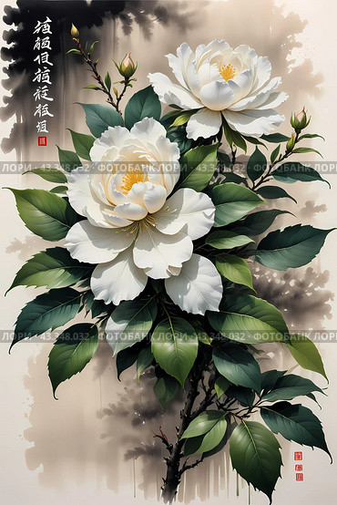Акварель. Китайский, японский стиль рисования тушью. Цветы. Watercolour. Chinese, Japanese ink painting style. Flowers. Стоковое AI-изображение, AI-художник Гер Олег / Фотобанк Лори