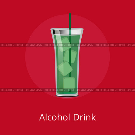 Alcohol drink in long glass with big ice pieces, vector illustration with bright green cocktail in circle, white text sample, isolated on red backdrop. Alcohol Drink in Long Glass with Big Ice Pieces. Стоковая иллюстрация, агентство Ingram Publishing / Фотобанк Лори