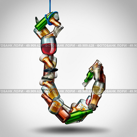 Alcohol hook and under the influence of alcoholic drinks as a group of bottles and glasses shaped as a fishing lure as a health and medical risk of addiction as a 3D illustration. Стоковое фото, агентство Ingram Publishing / Фотобанк Лори