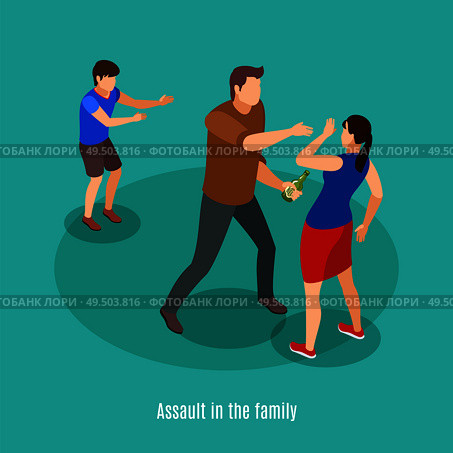 Alcoholism family violence in front of kids isometric background composition with drunk man fighting with spouse vector illustration. Стоковая иллюстрация, агентство Ingram Publishing / Фотобанк Лори
