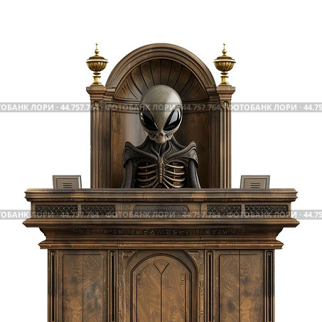 Alien figure in ornate wooden pulpit. Стоковое AI-изображение, AI-художник Иван Рябоконь / Фотобанк Лори