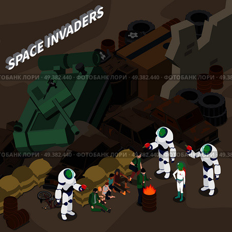 Alien invaders from outer space and homeless people isometric composition 3d vector illustration. Alien Isometric Composition. Стоковая иллюстрация, агентство Ingram Publishing / Фотобанк Лори