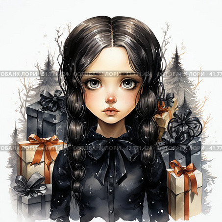All dark black Wednesday Addams 2022 clipart , black watercolor painting, black color, christmas tree and presents Generative AI. Стоковое AI-изображение, AI-художник Анна Кривицкая / Фотобанк Лори