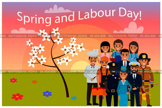 All service professions on spring labour day card vector illustration. Ten workers on green lawn with color flowers and blossom tree background.. All Service Professions on Spring Labour Day Card. Стоковая иллюстрация, агентство Ingram Publishing / Фотобанк Лори