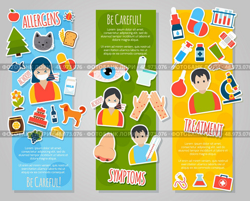 Allergies vertical banner set with allergen disease symptoms stickers isolated vector illustration. Стоковая иллюстрация, агентство Ingram Publishing / Фотобанк Лори