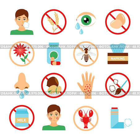 Allergy icons set with dust bee flower contaminant symbols isolated vector illustration. Стоковая иллюстрация, агентство Ingram Publishing / Фотобанк Лори