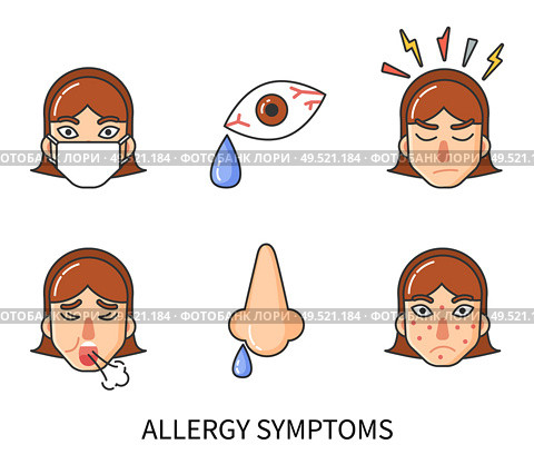 Allergy symptoms of person suffering from pain isolated icons set vector. Runny nose, rash face skin, anger and cough, tear drop. Sensitivity of body. Allergy Symptoms of Person Suffering from Pain. Стоковая иллюстрация, агентство Ingram Publishing / Фотобанк Лори