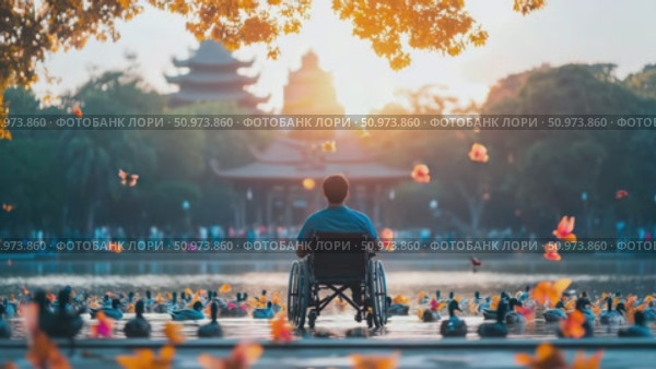 Alone individual in a mobility chair peacefully observes a tranquil lake adorned with swimming waterfowl and distant Asian structures bathed in golden light. Стоковое AI-видео, аниматор Данила Большаков / Фотобанк Лори