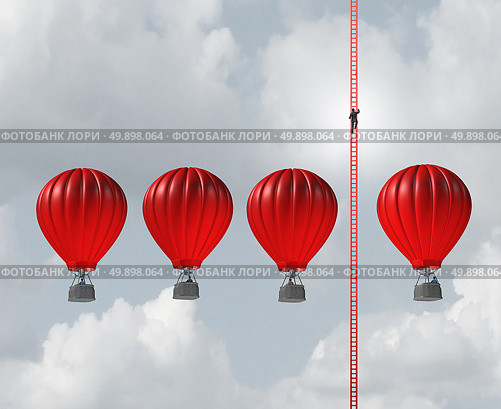 Alternate business route concept as a businessman climbing a long ladder above a group of air balloons as an innovative thinking metaphore with 3D illustration elements. Стоковое фото, агентство Ingram Publishing / Фотобанк Лори