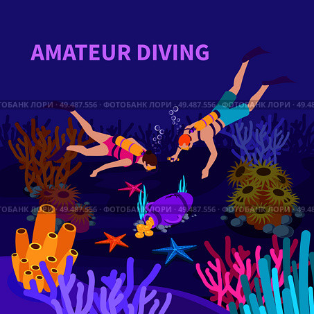 Amateur diving isometric composition with divers and amphora with coins at sea bed violet background vector illustration. Стоковая иллюстрация, агентство Ingram Publishing / Фотобанк Лори
