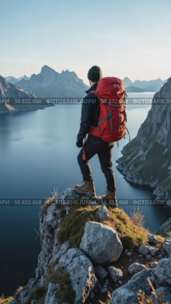 Amazing epic shot of young man hiker stand on top of mountain after long difficult hike in Lofoten Islands in Norway. Incredible summer views of scandinavian travel lifestyle. Epic. Стоковое AI-видео, аниматор Sergey Grishin / Фотобанк Лори