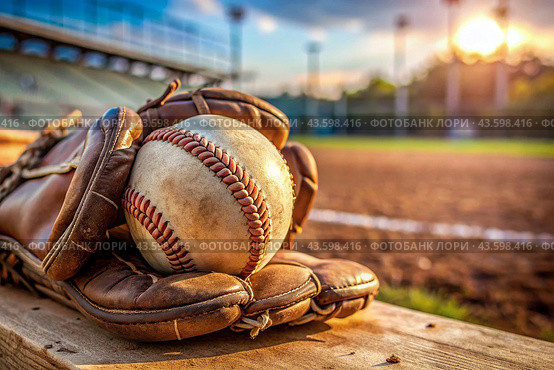American baseball. A glove and a baseball. The concept of summer Olympic sports. Стоковое AI-изображение, AI-художник Photojuli / Фотобанк Лори