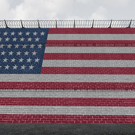 American border wall concept as a security barricade with a flag of the United States as a customs and country boundary barrier with barbed wire as a symbol for illegal immigration control as a 3D illustration. Стоковое фото, агентство Ingram Publishing / Фотобанк Лори