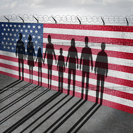 American immigration and United States refugee crisis concept as people on a border wall with a US flag as a social issue about refugees or illegal immigrants with the cast shadow of a group of migrating women men and children.

. Стоковое фото, агентство Ingram Publishing / Фотобанк Лори
