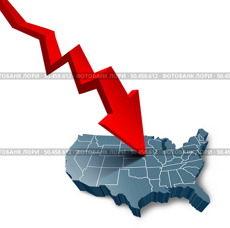 American recession and USA economy contraction cycle as a US decline or United States declining business activity and economic crisis or with a downward trend as Washington financial polcy concept in a 3D illustration style. Стоковое фото, агентство Ingram Publishing / Фотобанк Лори
