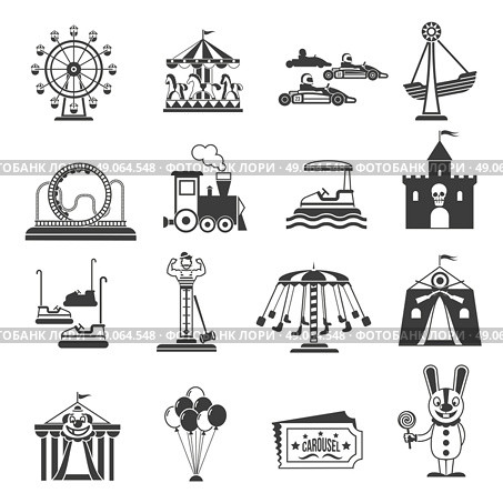 Amusement Park Icons. Amusement park icons black set with ferries wheel and rollercoaster symbols isolated vector illustration. Стоковая иллюстрация, агентство Ingram Publishing / Фотобанк Лори