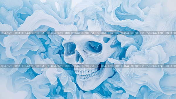 An abstract bone: An ethereal skull shrouded in icy cloud, a chilling ghostly apparition. Стоковое AI-изображение, AI-художник Данила Большаков / Фотобанк Лори