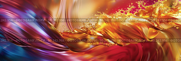 An abstract painting featuring a bold wave in shades of red, yellow, and blue. The colors blend together dynamically, creating a sense of movement and energy. Стоковое AI-изображение, AI-художник Данила Большаков / Фотобанк Лори