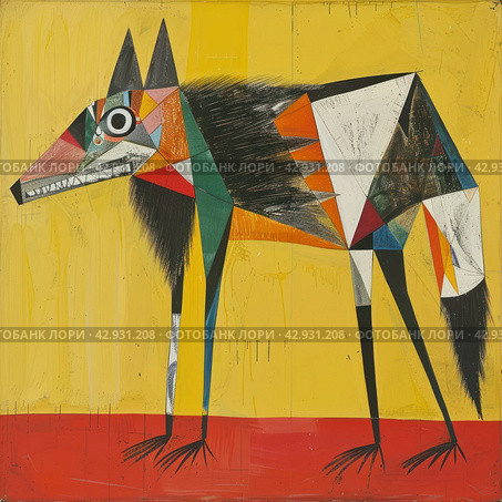 An abstract, vibrant and cartoonish drawing of a wolf with incongruous body sizes and shapes. The dog's head is depicted with large, multi-colored and asymmetrical eyes. Стоковое AI-изображение, AI-художник Анна Кривицкая / Фотобанк Лори