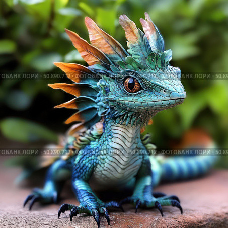 An adorable fantasy baby dragon with turquoise scales, bright eyes and fantastic crests on his head. He looks friendly and curious, sitting against a background of green foliage. The image is made in the style of digital illustration and is perfect for fairy tales, games, children's books, cards, collectible figures and animated projects. Стоковое AI-изображение, AI-художник Анна Кривицкая / Фотобанк Лори