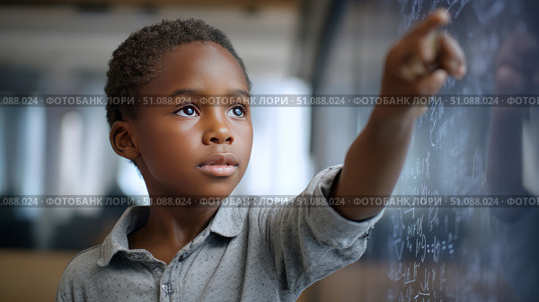 An African boy learning mathematics on a digital screen in a modern classroom, focused and engaged. Black African children from disadvantaged families study in school, read books, receive primary education, volunteer service. Стоковое AI-изображение, AI-художник ALLA YURTAYEVA / Фотобанк Лори
