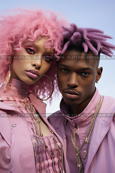 An African young couple in pink suits with an unusual hairstyle look at the camera. Generated by AI. Стоковое AI-изображение, AI-художник Ярославский Максим / Фотобанк Лори