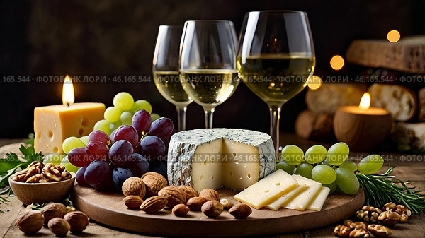 An appetizer for the guests. A cheese plate. A plate of cheese with mold, nuts, grapes and glasses of wine. Стоковое AI-изображение, AI-художник Photojuli / Фотобанк Лори
