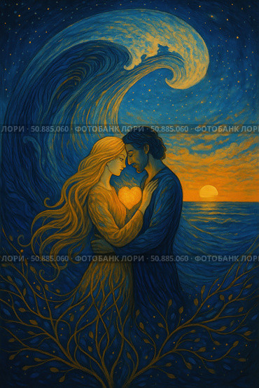 An art illustration in warm and cool tones depicting a man and a woman standing in an embrace against the backdrop of the sea, sunset and starry sky. A symbolic heart glows between them, connecting their souls. A wave rises behind the couple, forming a crescent moon. Their figures turn into tree branches, as if roots grow from their unity. Symbolism of love, harmony, elemental energy and inner connection. Suitable for themes of love, feelings, meditation, spirituality and unity. Стоковое AI-изображение, AI-художник Анна Кривицкая / Фотобанк Лори