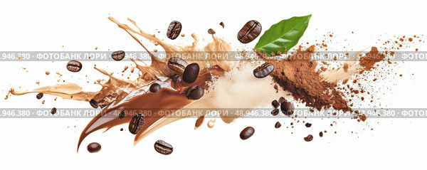 An artful display of roasted coffee beans with a dynamic splash of coffee powder. The composition embodies motion and energy, captivating coffee lovers with its aromatic appeal. Стоковое AI-изображение, AI-художник Nart / Фотобанк Лори