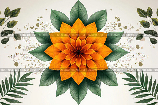 An artistic illustration of a flower in the style of a mandala. In the center of the composition is a large flower with bright orange petals that turn into darker shades towards the base. Green leaves are symmetrically arranged around the flower, creating balance and harmony. The background is decorated with decorative elements such as abstract patterns, dots and blurred lines, which gives the image airiness and dynamism. The composition is made in the aesthetics of natural minimalism, conveying a sense of calm, natural harmony and artistic inspiration. Стоковое AI-изображение, AI-художник Анна Кривицкая / Фотобанк Лори