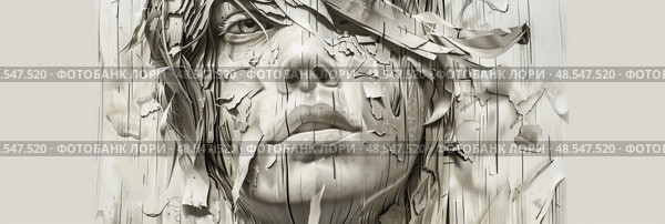 An artistically altered portrait showing a womans face with a striking fragmented effect, giving the impression of motion or disintegration. Стоковое AI-изображение, AI-художник Данила Большаков / Фотобанк Лори