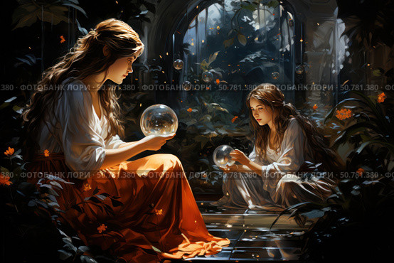 An atmospheric digital illustration of two young women in a magical garden, immersed in contemplation of crystal balls. The light softly illuminates their faces, highlighting their expressive features and the romantic setting. The surrounding nature - dense vegetation, flowers and architectural arches - creates a sense of magic and solitude. Sparkling particles in the air enhance the fairytale atmosphere. The illustration is ideal for themes of fantasy, magic, meditation, mysticism and feminine energy. Стоковое AI-изображение, AI-художник Анна Кривицкая / Фотобанк Лори