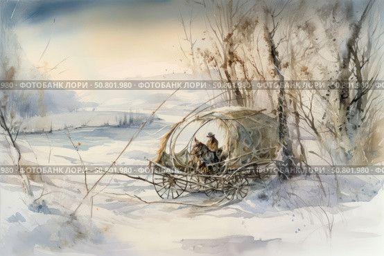 An atmospheric winter watercolor in a vintage style depicting an old horse-drawn carriage against the backdrop of a snowy forest and an open snow-covered field. A fur-clad traveler or peasant sits in the carriage, riding along a snowy road. Pastel cool shades, delicate brushstrokes and a foggy perspective create a sense of solitude, silence and a journey through the frosty distance. The illustration conveys the spirit of Russian winter and old-fashioned life. Стоковое AI-изображение, AI-художник Анна Кривицкая / Фотобанк Лори